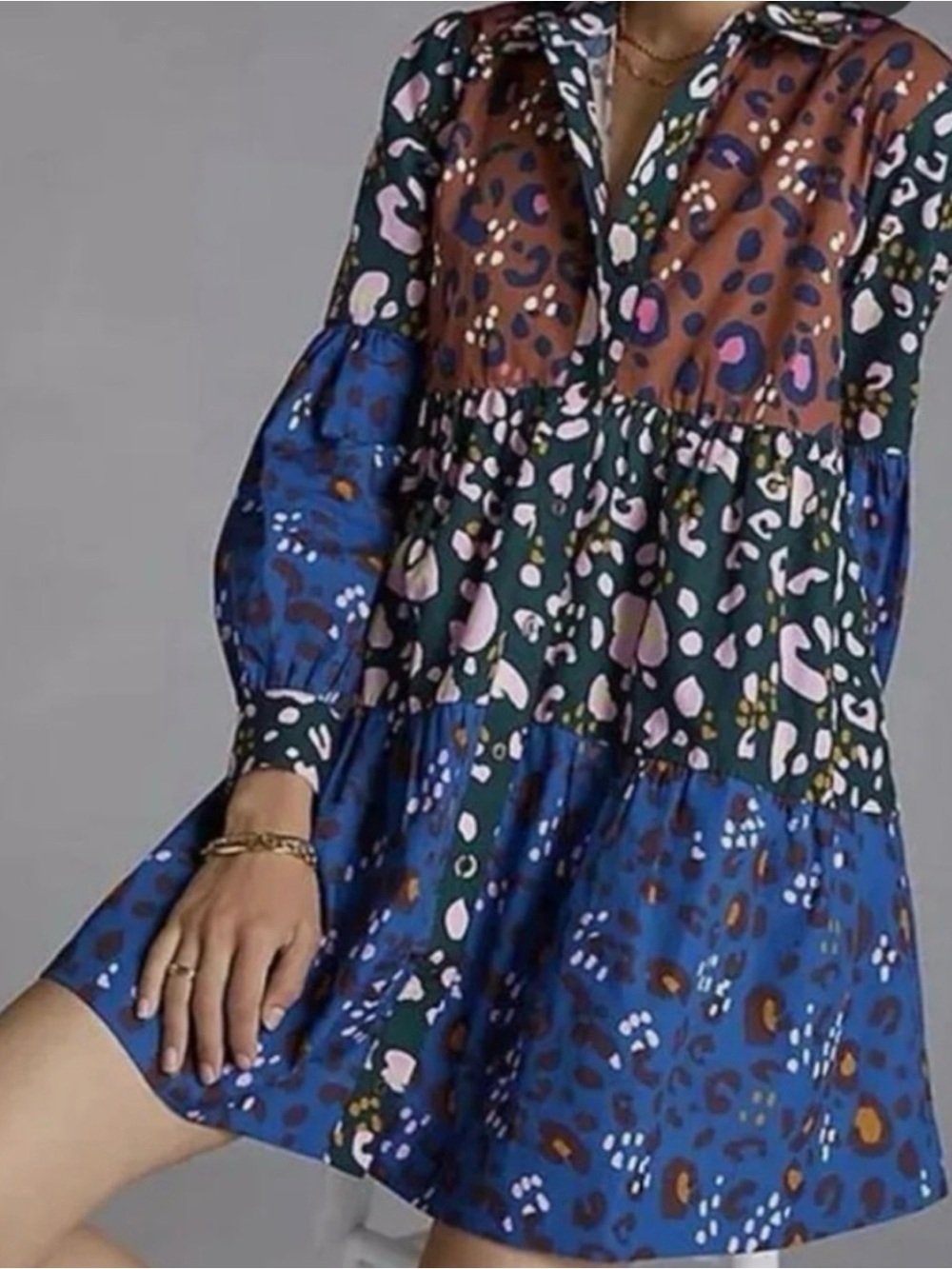 Anthropologie colorblock abstract dot print tiered long sleeve dress button up